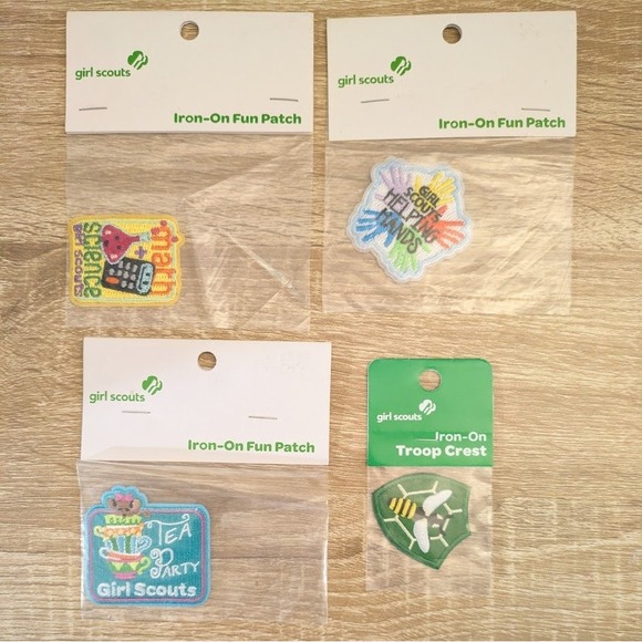 Girl Scouts Other - NEW Girl Scouts Iron-On Patch Lot of 4 Troop Crest STEM Helping Hands Tea Party